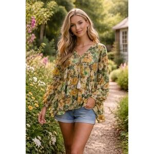 Umgee Floral Boho Peasant Blouse Top Sz L Long Sleeve Cottage core V-necjk Boho